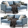 Modern Blue Double Sofa With Soft Pillows And Cozy Knit Throw Blanket 3d model