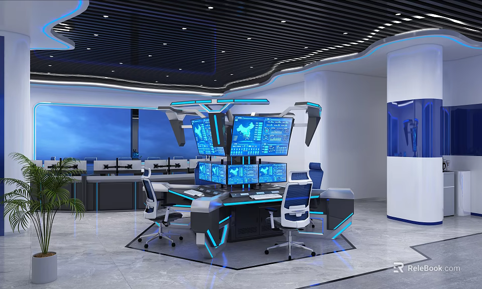 High Tech Control Room With Multiple Monitors Control Desk Blue Lighting And Office Chairs 3d model
