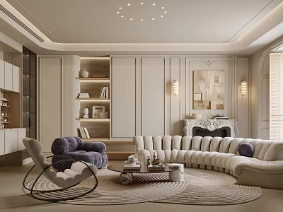 Elegant Modern Living Room Interior With Beige Curved Sofa Purple Accent Chair And Round Rug 3d model