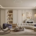 Elegant Modern Living Room Interior With Beige Curved Sofa Purple Accent Chair And Round Rug