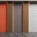 Different Patterned Interior Wall Panels in Orange Gray White with Wooden Frames