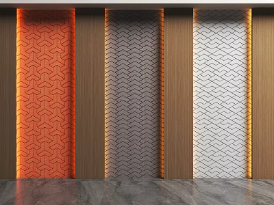 Different Patterned Interior Wall Panels in Orange Gray White with Wooden Frames 3d model