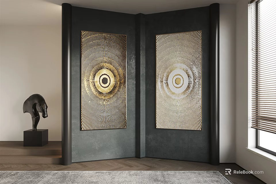 Black Folding Screen With Gold And White Circular Patterns In Modern Interior 3d model
