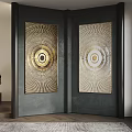 Black Folding Screen With Gold And White Circular Patterns In Modern Interior 3d model