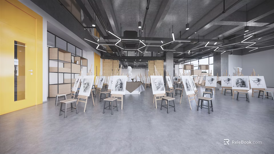Exhibition Hall Interior Featuring Easels Artworks Hexagonal Pendant Lights And Yellow Shelving Units 3d model 