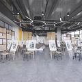 Exhibition Hall Interior Featuring Easels Artworks Hexagonal Pendant Lights And Yellow Shelving Units