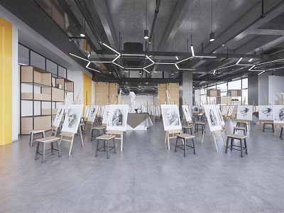 Exhibition Hall Interior Featuring Easels Artworks Hexagonal Pendant Lights And Yellow Shelving Units 3d model