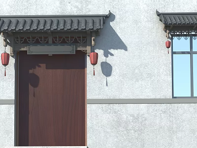 Traditional Chinese Architectural Components With Wooden Door Tiled Roof Red Lanterns And Gray Wall 3d model