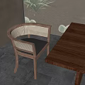 Wooden Dining Chair With Woven Rattan Backrest And Armrests Black Leather Seat By Wooden Table