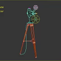 Vintage Commercial Film Projector On Orange Tripod With Green Reels For Professional Screening