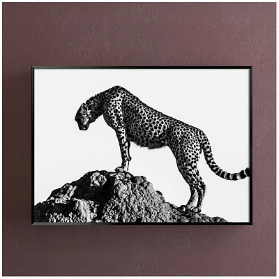 Black and White Cheetah Animal Painting Standing on Rock Framed on Brown Wall 3d model