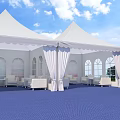 Large Event Venue Layout With Blue Theme Stage Seating Booths And Entrance Arch