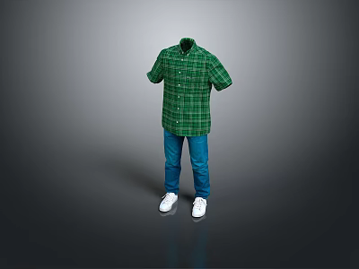 Casual Green Plaid Shirt Outfit With Blue Jeans And White Sneakers 3d model