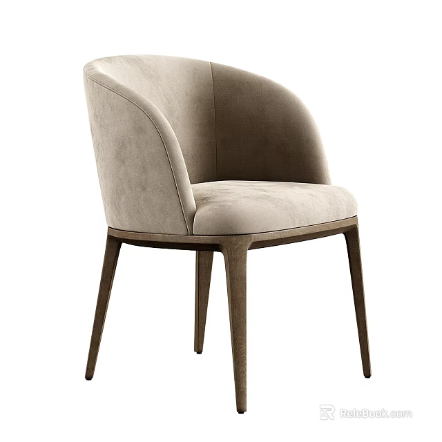 Modern Single Chair With Light Beige Velvet Upholstery And Dark Wooden Legs 3d model 