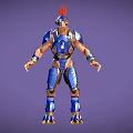3D Humanoid Character in Blue Armor With Red Feather Headpiece and Number 4