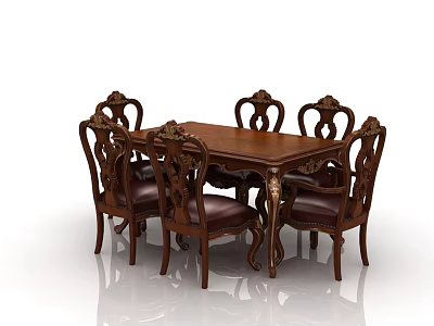 Classic Wooden Dining Table With Carved Chairs And Dark Upholstered Seats 3d model