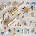 Colorful Wooden Children's Activity Table Set With Matching Chairs Storage Shelves And Play Accessories