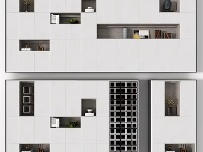 Modern White Decorative Cabinet With Multiple Open Shelves And Decor Items 3d model