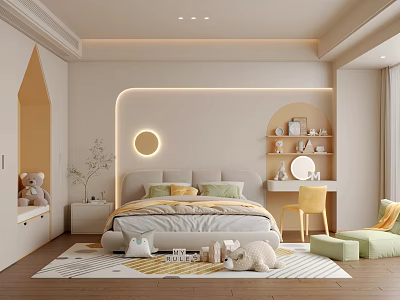 Cozy Kids Room Interior With Bed Stuffed Toys Shelves Decorative Light And Soft Rug 3d model
