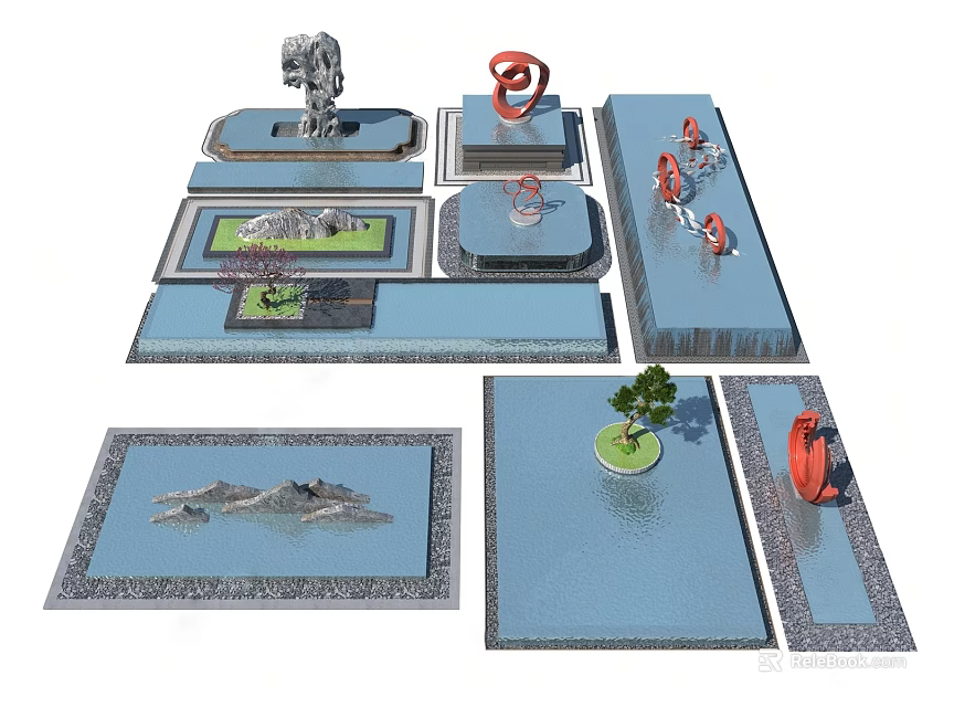 Various Landscape Design Models With Platforms Water Features Sculptures And Small Trees 3d model