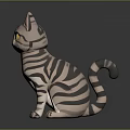 Detailed Realistic 3D Striped Cat Model in Sitting Posture with Yellow Eyes