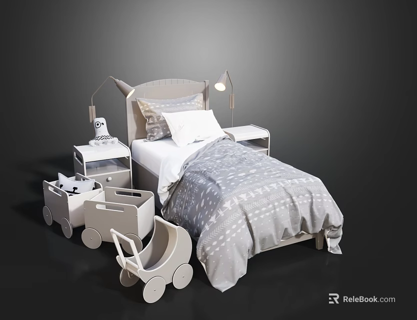 Kids Bed With Gray Dotted Bedspread Pillows On Headboard Nightstand Lamp And Toy Carts 3d model 