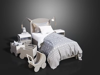 Kids Bed With Gray Dotted Bedspread Pillows On Headboard Nightstand Lamp And Toy Carts 3d model