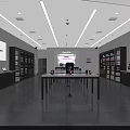 Modern Digital Store Interior With Glass Front Display Shelves Electronic Products And Large Screen