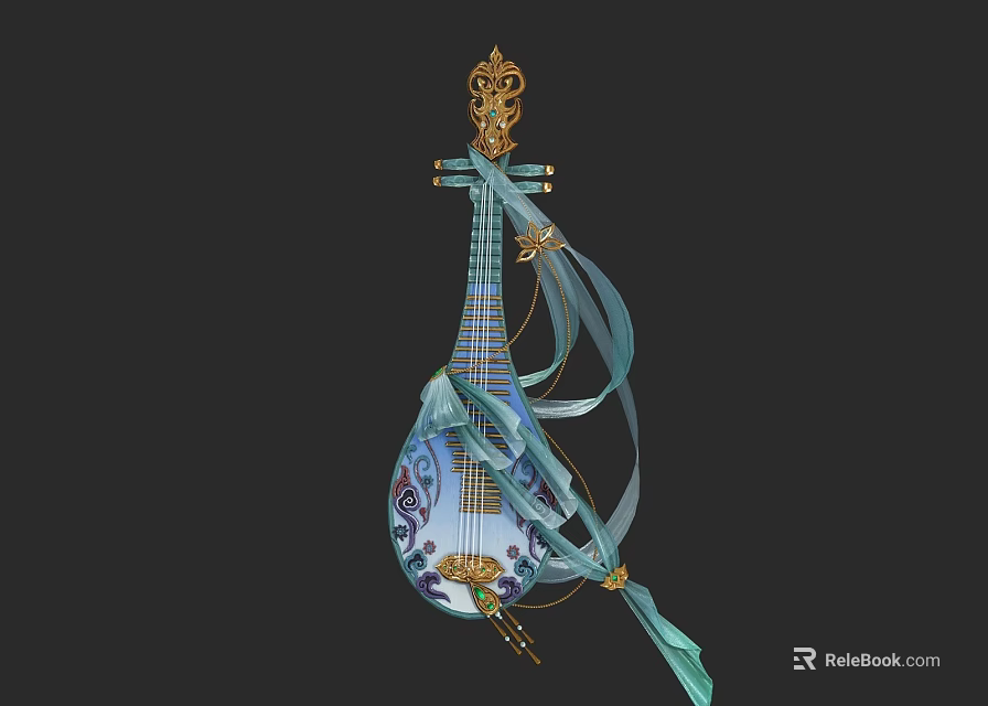 Exquisite Traditional Pipa With Painted Blue Patterns Golden Ornament And Silk Ribbons 3d model 