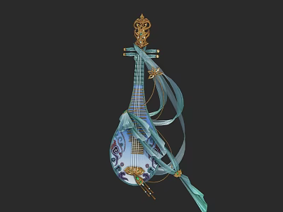 Exquisite Traditional Pipa With Painted Blue Patterns Golden Ornament And Silk Ribbons 3d model