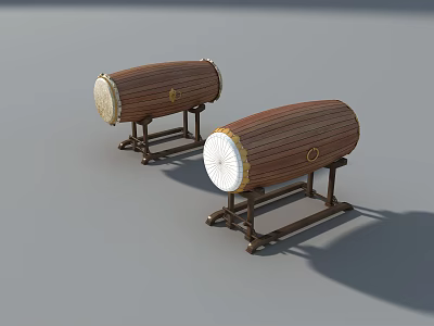 Musical Instruments Art Supplies Two Brown Wooden Drums with White Drumheads and Stands 3d model