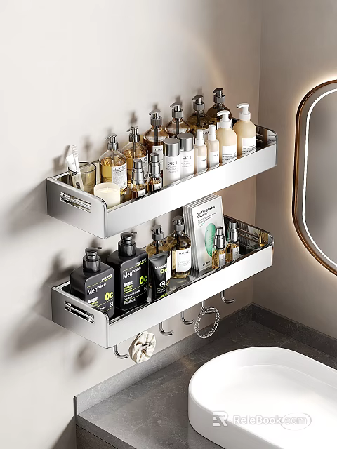 Two Tier Bathroom Set With Wall Mounted Metal Storage Shelves And Toiletries 3d model 