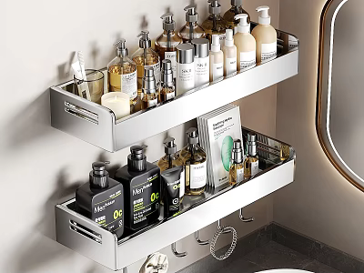 Two Tier Bathroom Set With Wall Mounted Metal Storage Shelves And Toiletries 3d model