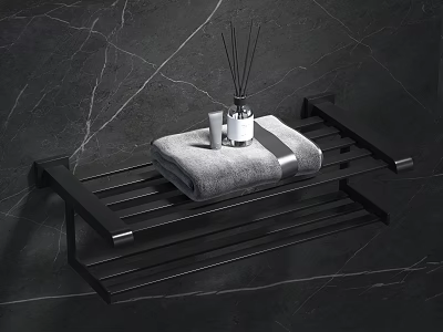 Modern Bathroom Accessories with Black Towel Rack Gray Towel Reed Diffuser on Dark Marble Wall 3d model
