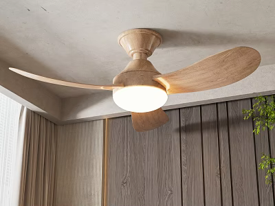 Modern Indoor Air Conditioner Fan With Wooden Blades And Ceiling Light Design 3d model