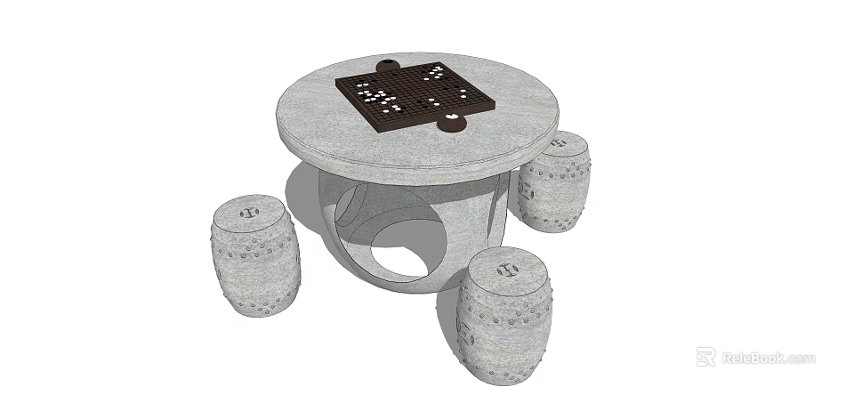 Round Stone Table and Drum Shaped Stools Set with Outdoor Chessboard Pattern 3d model