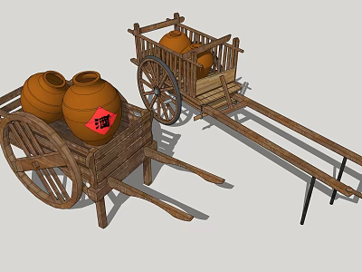 Traditional Handmade Wooden Carts Carrying Clay Jars with Red Inscription and Vintage Wheel Structure 3d model