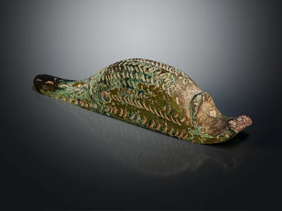 Ancient Bronze Fish Shaped Artifact With Green Patina And Scale Patterns 3d model