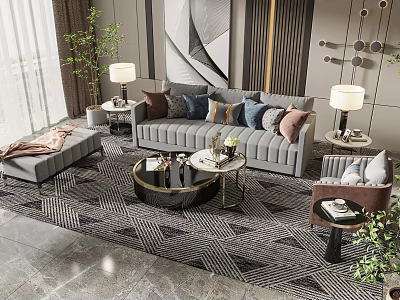 Modern Living Room Sofa And Coffee Table Set With Cushions Lamps Side Tables And Rug 3d model