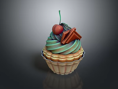 Delicious Cupcake With Green Frosting Cherry And Chocolate Decoration In Brown Ruffled Liner 3d model