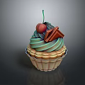 Delicious Cupcake With Green Frosting Cherry And Chocolate Decoration In Brown Ruffled Liner