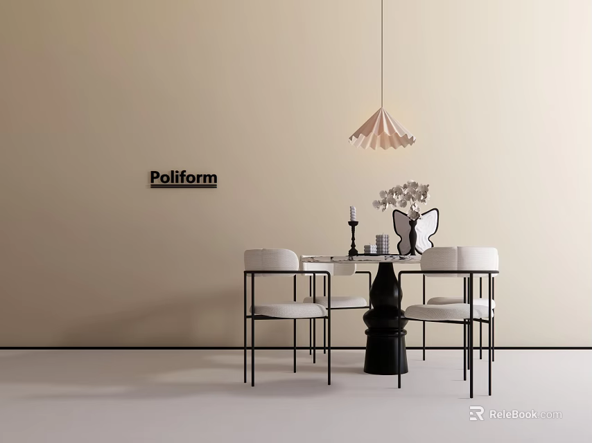 Modern Dining Table Set With White Chairs Black Legs Pendant Light And Table Decorations 3d model