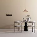 Modern Dining Table Set With White Chairs Black Legs Pendant Light And Table Decorations 3d model