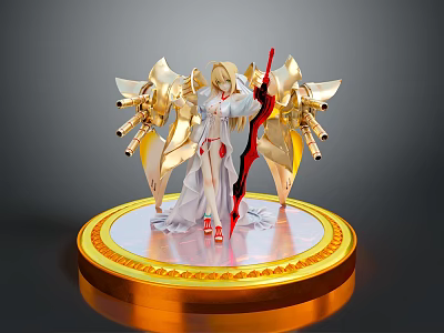 Graceful Female Figure in White Dress with Golden Mechanical Wings Red Sword on Golden Base 3d model