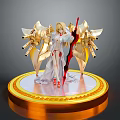 Graceful Female Figure in White Dress with Golden Mechanical Wings Red Sword on Golden Base