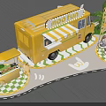 Yellow Food Truck With Outdoor Seating Umbrella Flamingo Decorations And 2023 Signage