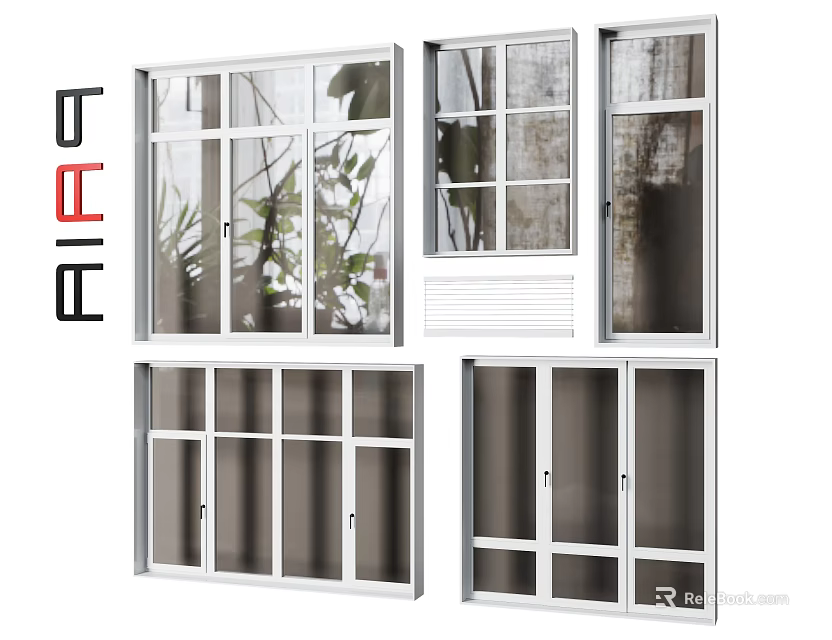 Modern Casement Windows With Grid Patterns And Various Glass Panel Designs 3d model 