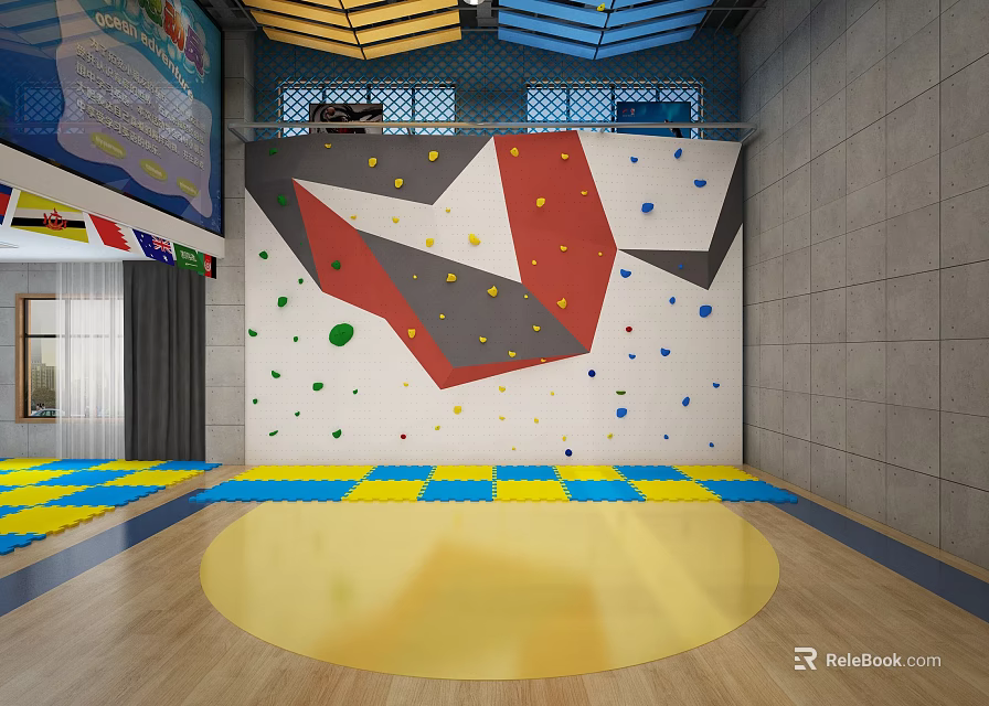 Indoor Climbing Wall With Colorful Grips And Safety Mats In Fitness Facility 3d model 