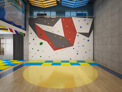Indoor Climbing Wall With Colorful Grips And Safety Mats In Fitness Facility 3d model