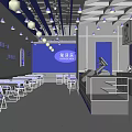Modern Milk Tea Shop Interior With Blue Gray Decor Tables Chairs And Counter